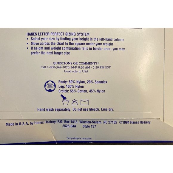 Hanes Too! Sandalfoot Control Top Pantyhose Style 137 Size CD Color WHITE NOS - Picture 4 of 6